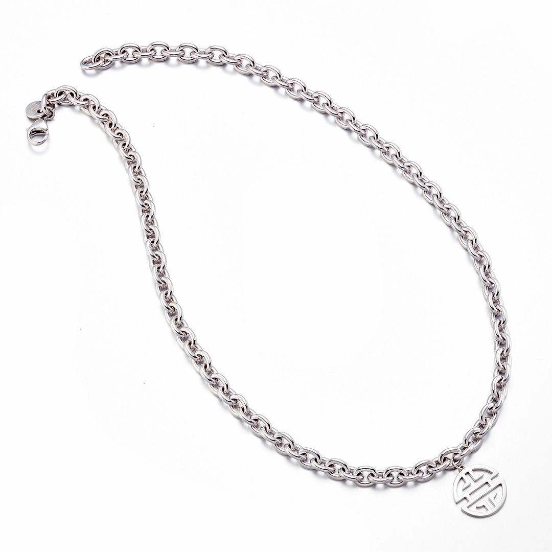 Silver Chunky Link Necklace with Shou Pendant