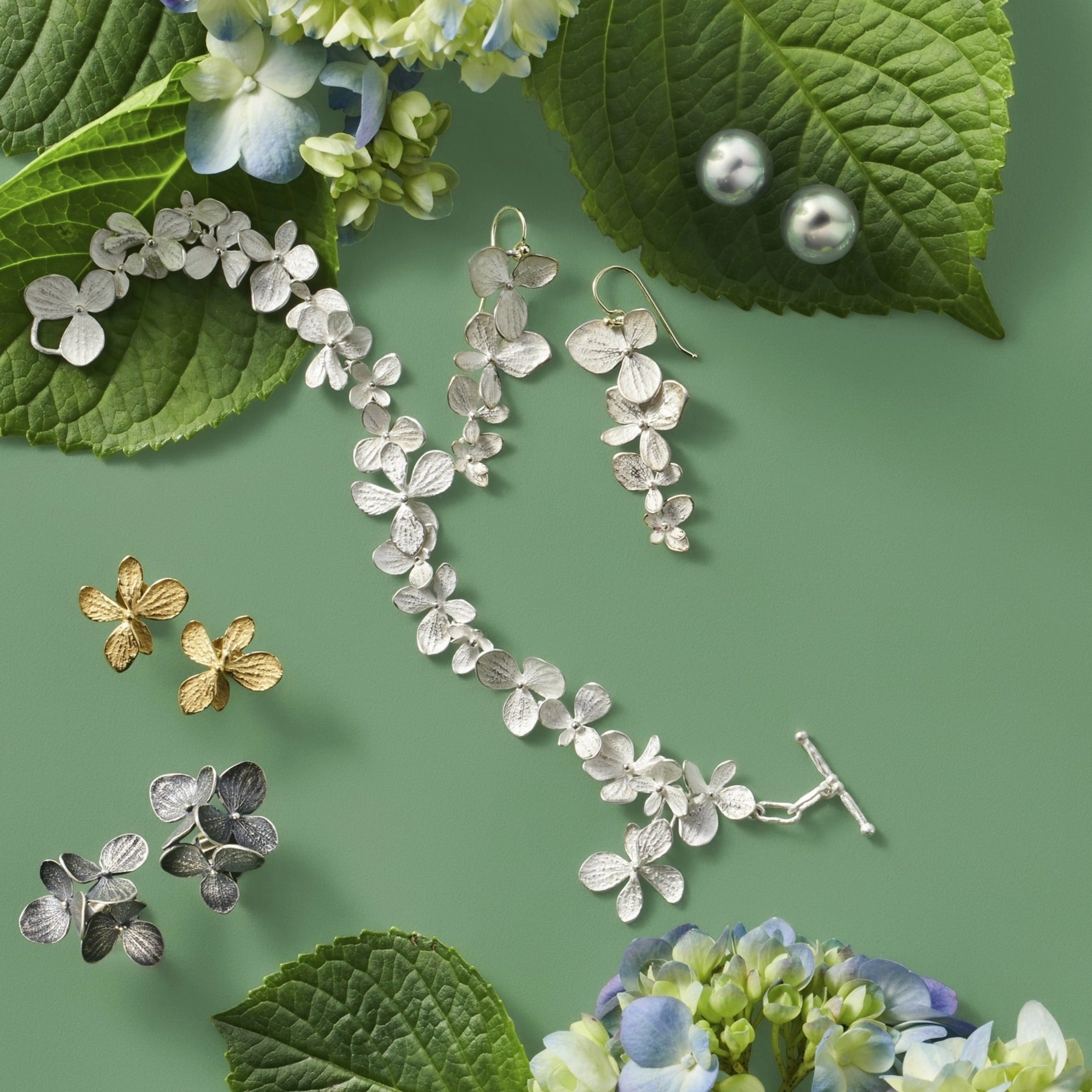 Silver Four-Part Hydrangea Drop Earrings