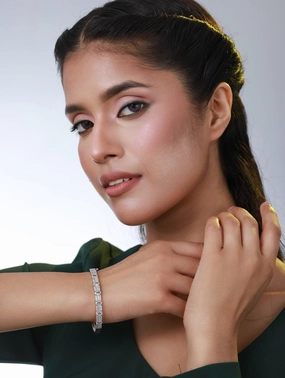 Silver-Plated & White American Diamond Handcrafted Bangle Style Bracelet