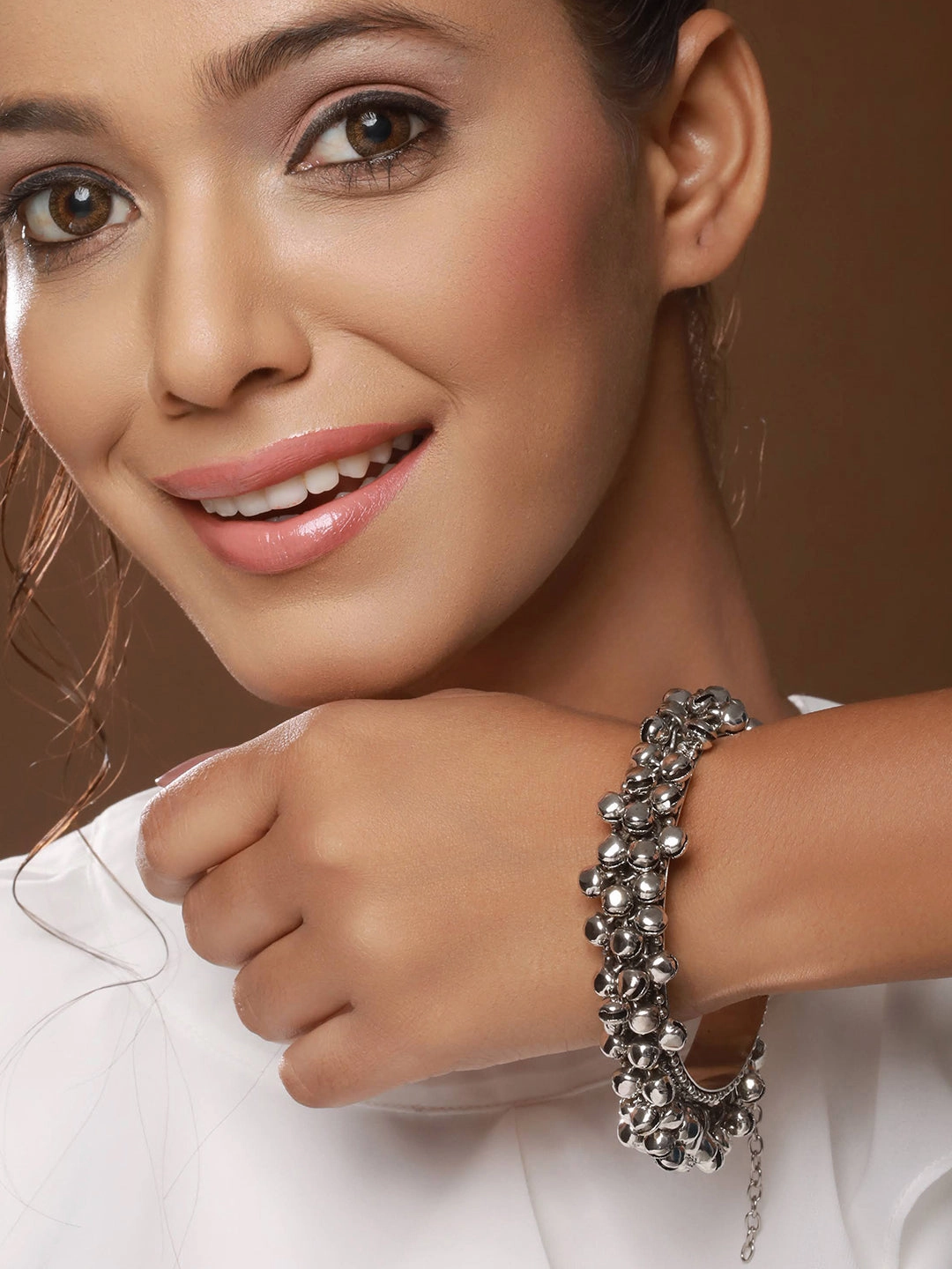 Silver Plated Ghungroo Beaded Oxidised Handcrafted Bangle Style Bracelet
