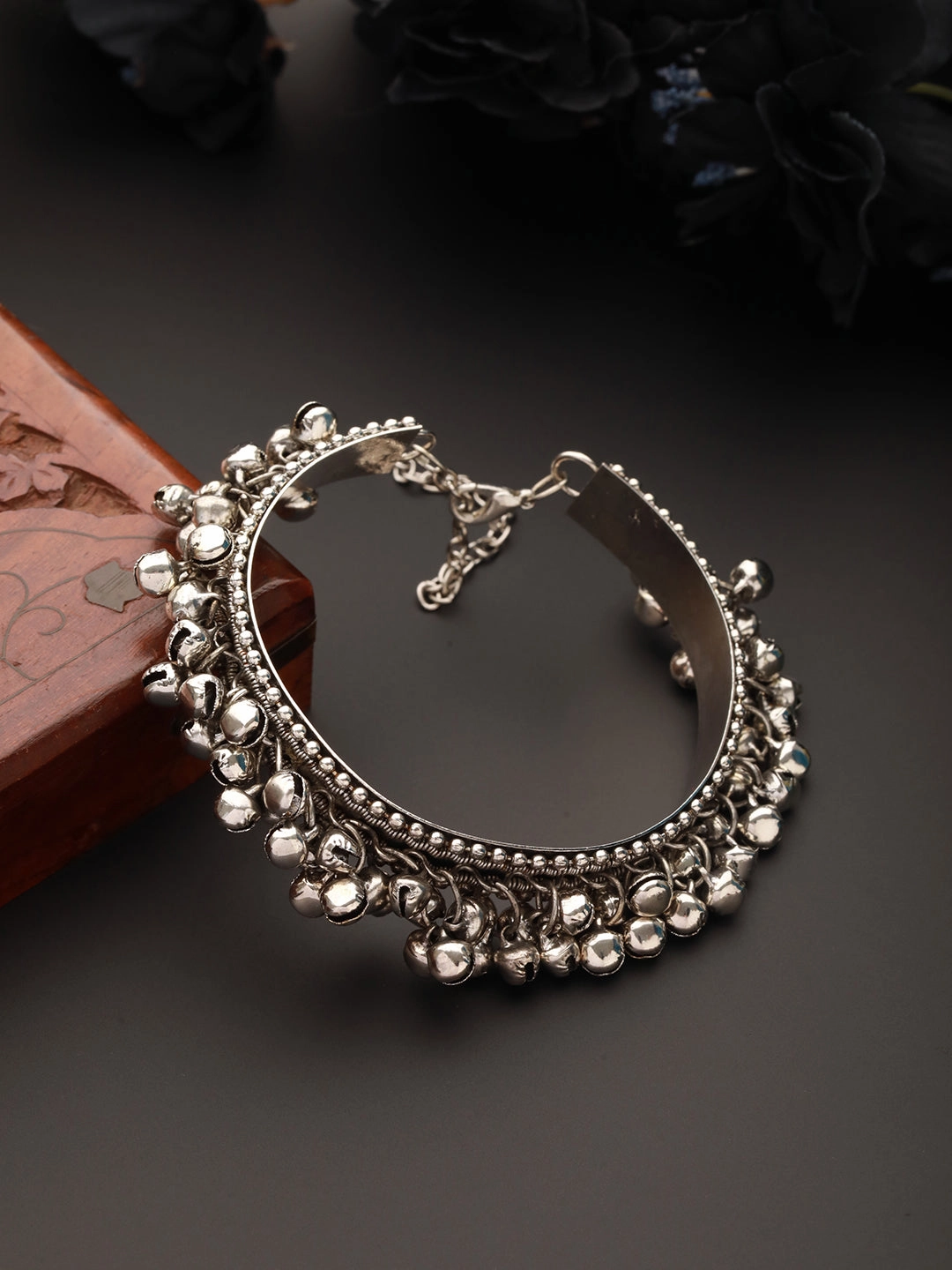 Silver Plated Ghungroo Beaded Oxidised Handcrafted Bangle Style Bracelet