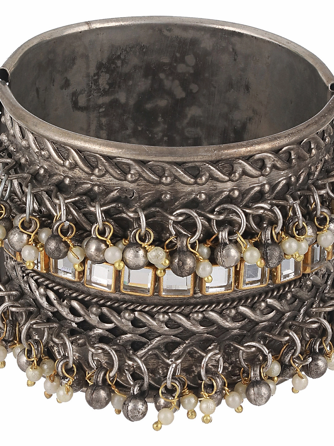 Silver-Plated Oxidised Kundan Studded & Pearl Beaded Bangle-Style Bracelet