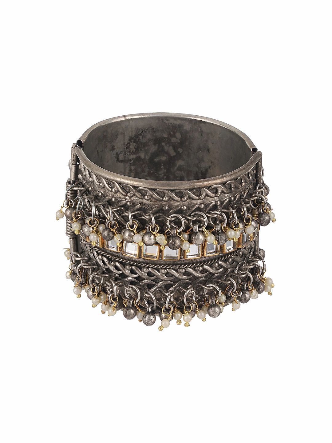 Silver-Plated Oxidised Kundan Studded & Pearl Beaded Bangle-Style Bracelet