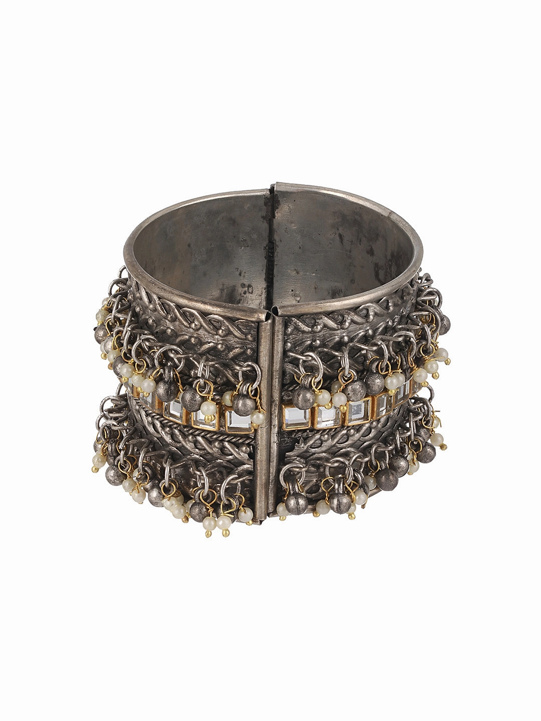 Silver-Plated Oxidised Kundan Studded & Pearl Beaded Bangle-Style Bracelet