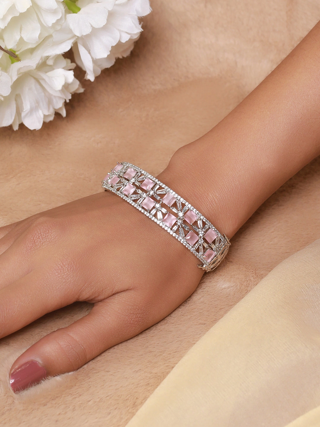 Silver Plated Pink American Diamond Studded Handcrafted Bangle Style Bracelet