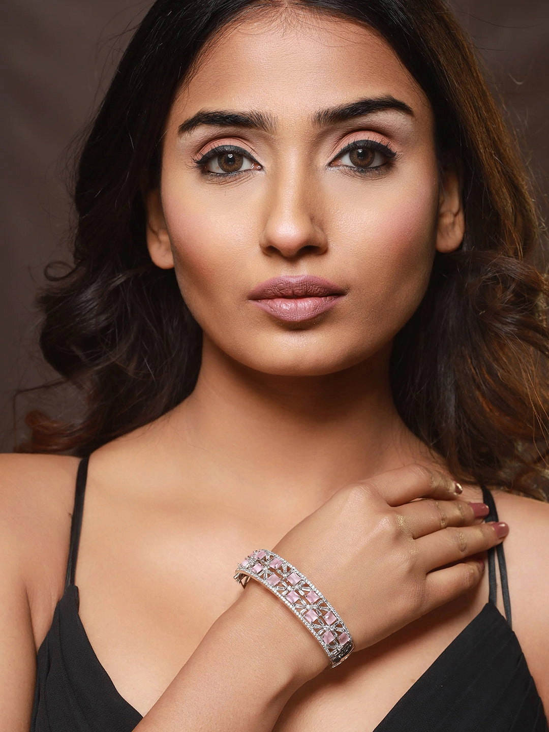 Silver Plated Pink American Diamond Studded Handcrafted Bangle Style Bracelet