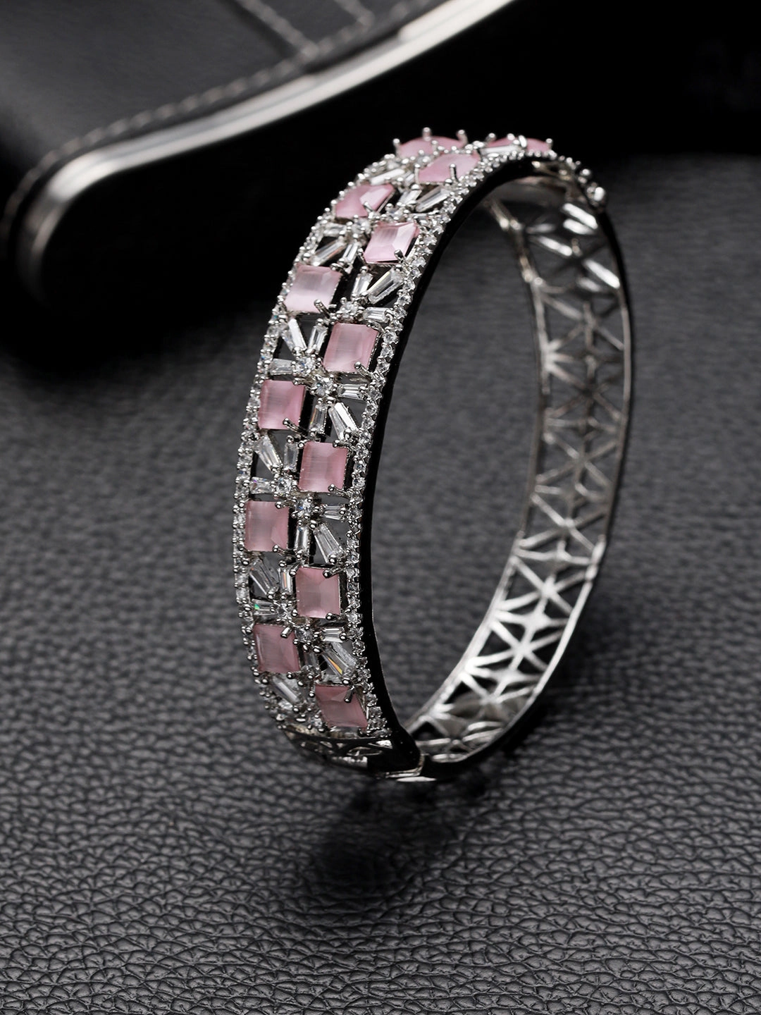 Silver Plated Pink American Diamond Studded Handcrafted Bangle Style Bracelet