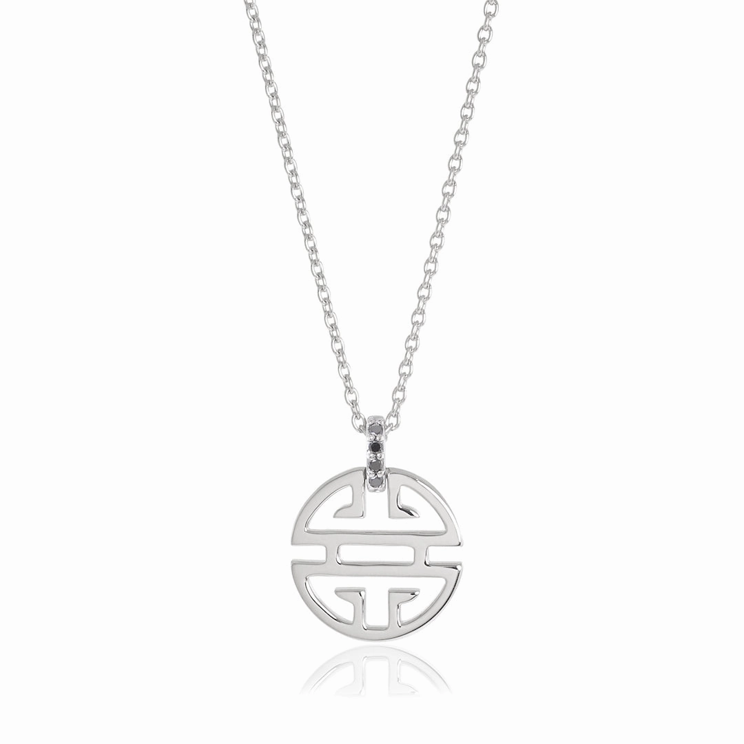 Silver Shou Pendant Necklace with Black Diamonds