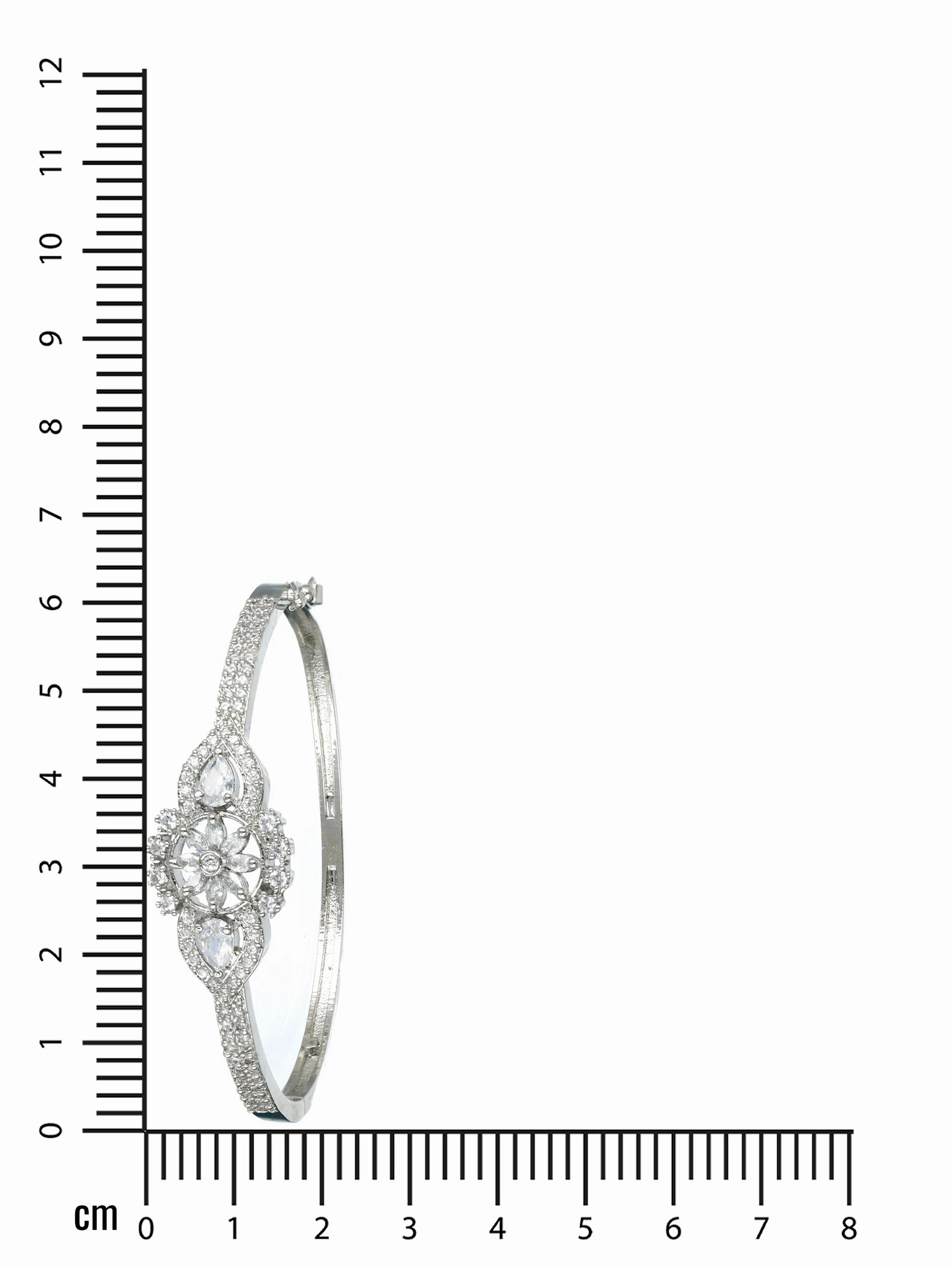 Silver-Toned & White American Diamond Handcrafted Silver-Plated Floral Shaped Bangle Style Bracelet