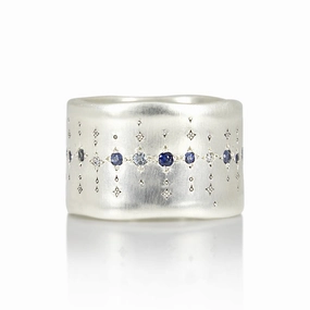 Single Organic Wide Silver Band with Multi-Gemstones