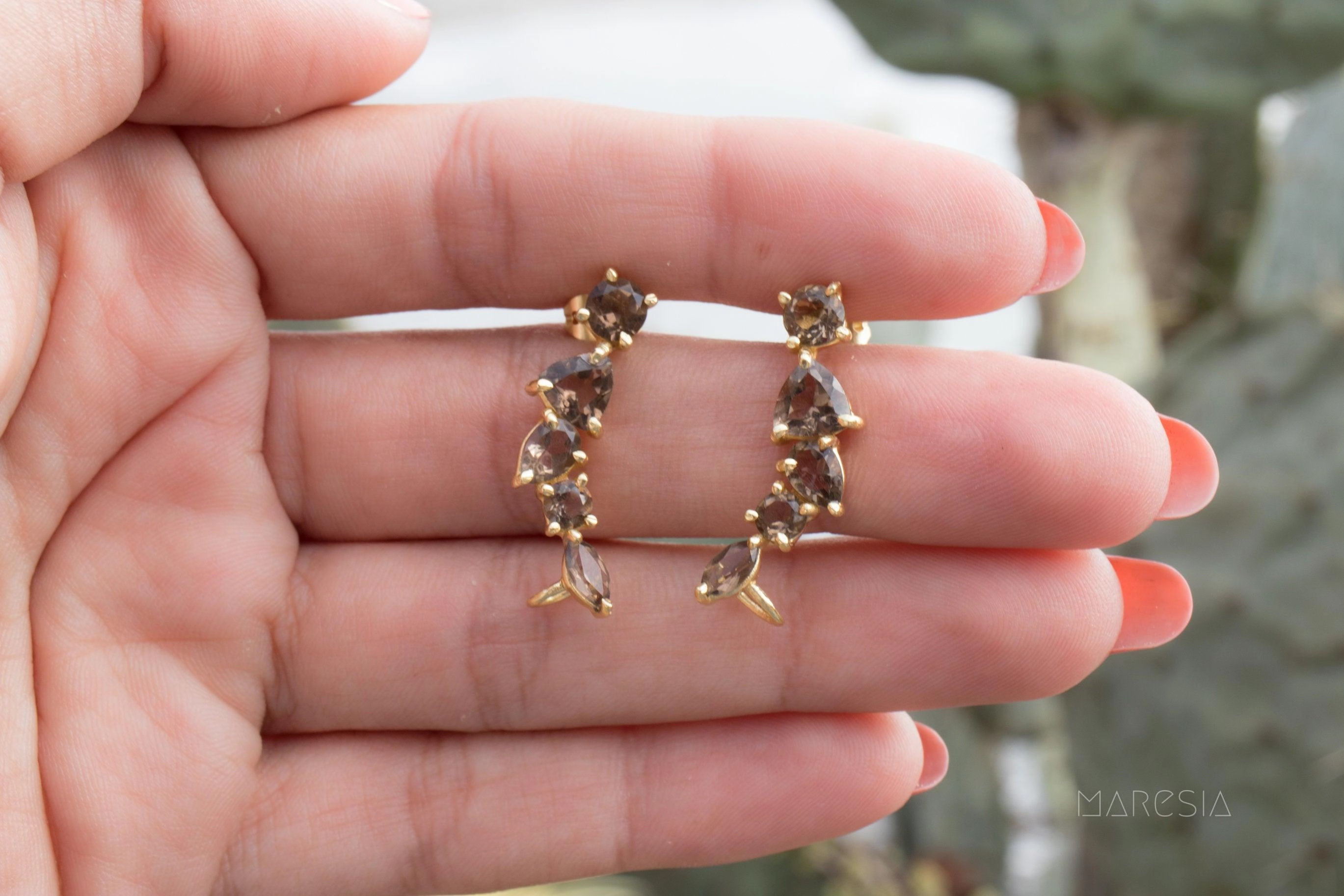 Smoky Quartz Ear Climber Earrings ~18k Gold Plated ~ ME170