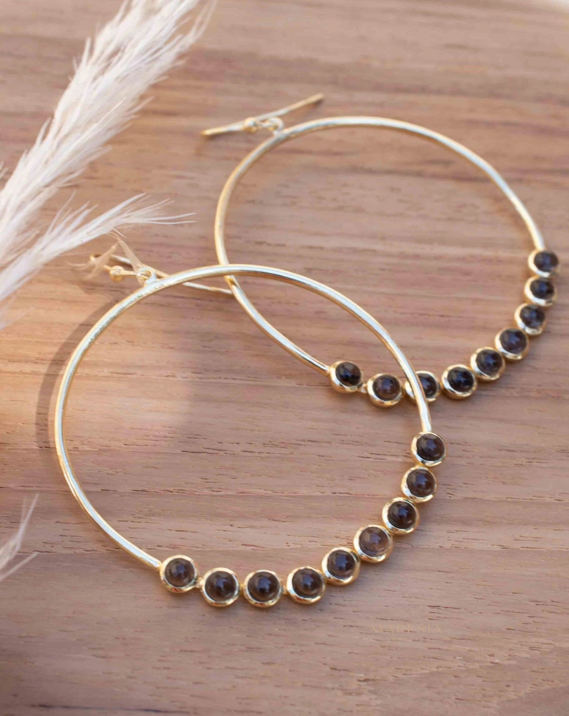 Smoky Quartz Large Round 18k Gold Plated Earrings ~ ME209