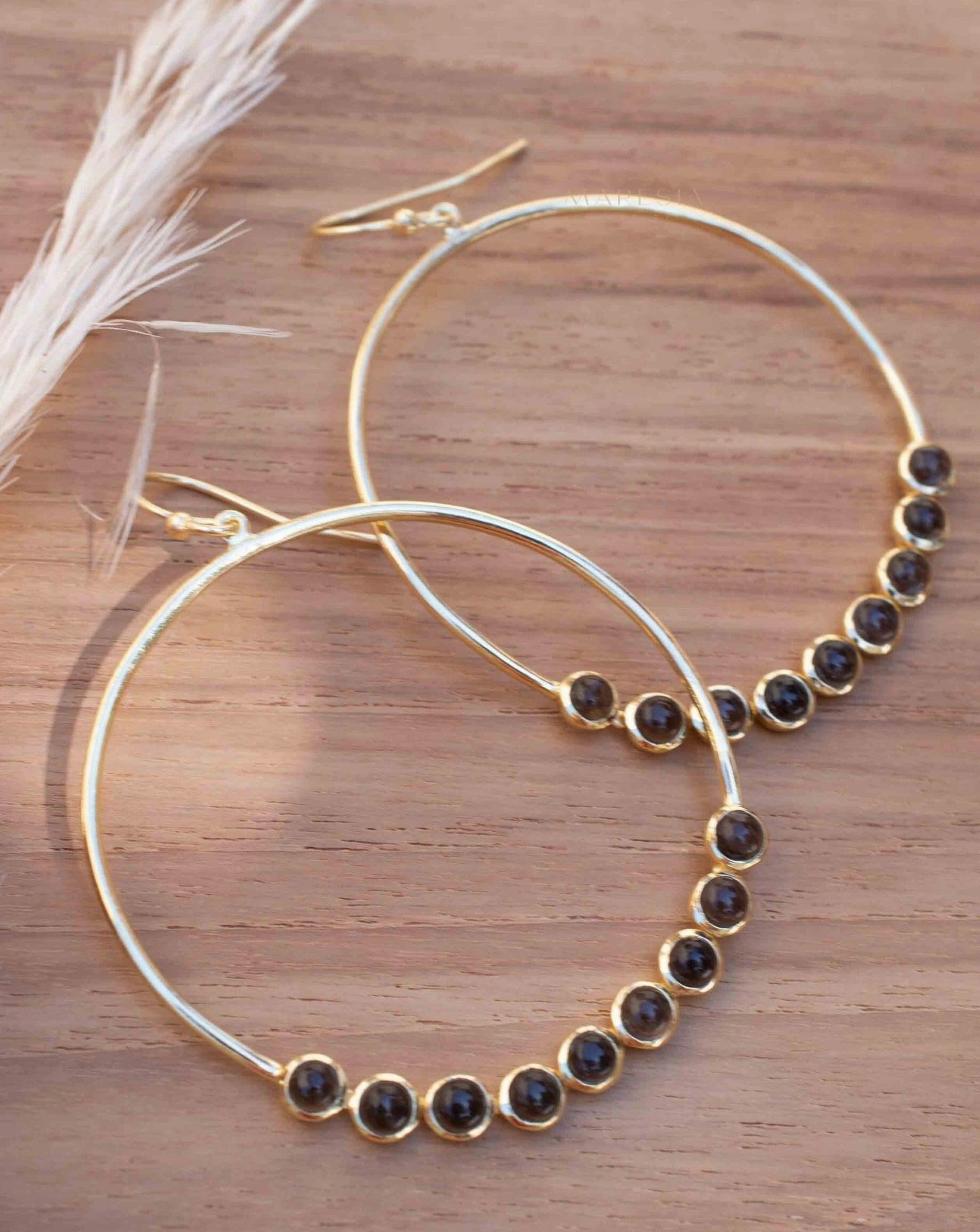 Smoky Quartz Large Round 18k Gold Plated Earrings ~ ME209