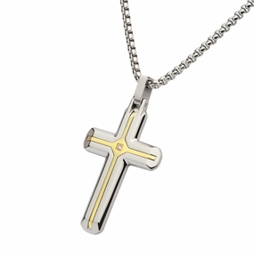 Stainless Steel 18k Gold IP Steel Two Tone Cross With Lab Grown Diamond