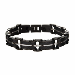 Stainless Steel Black Carbon Fiber and Gold IP Link with Fold Over Clasp Bracelet