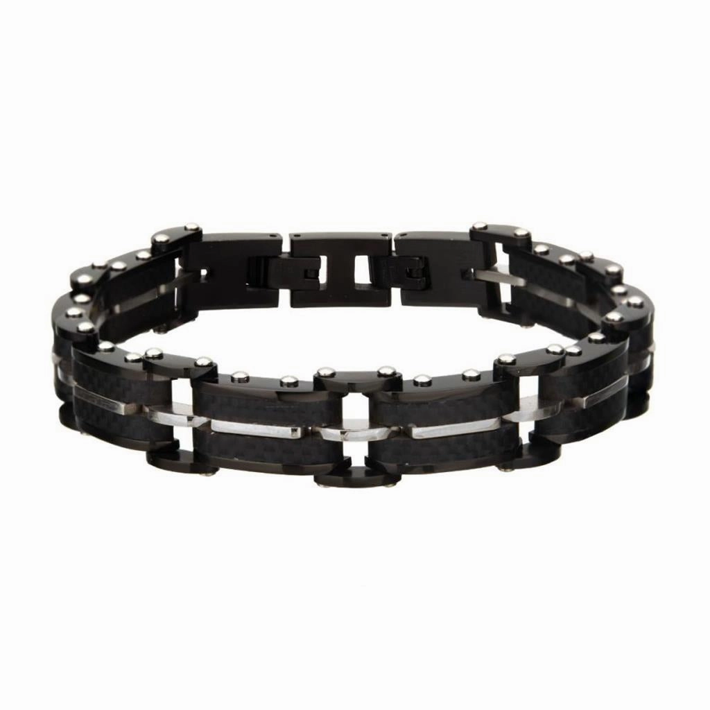 Stainless Steel Black Carbon Fiber and Gold IP Link with Fold Over Clasp Bracelet