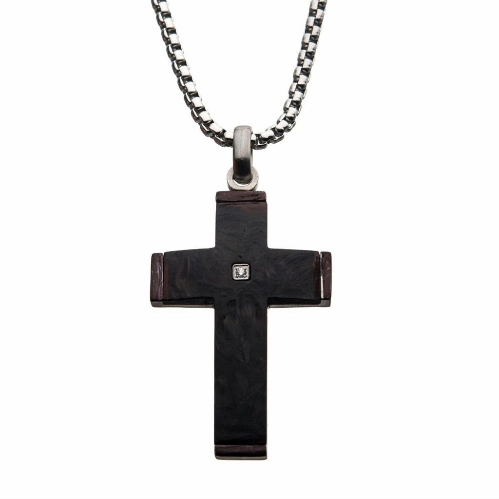 Stainless Steel Carbon Fiber Diamond Accent Cross Pendant Necklace