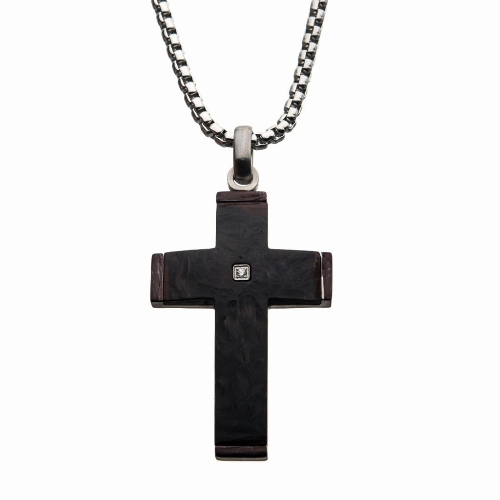 Stainless Steel Carbon Fiber Diamond Accent Cross Pendant Necklace