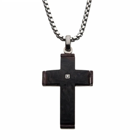Stainless Steel Carbon Fiber Diamond Accent Cross Pendant Necklace