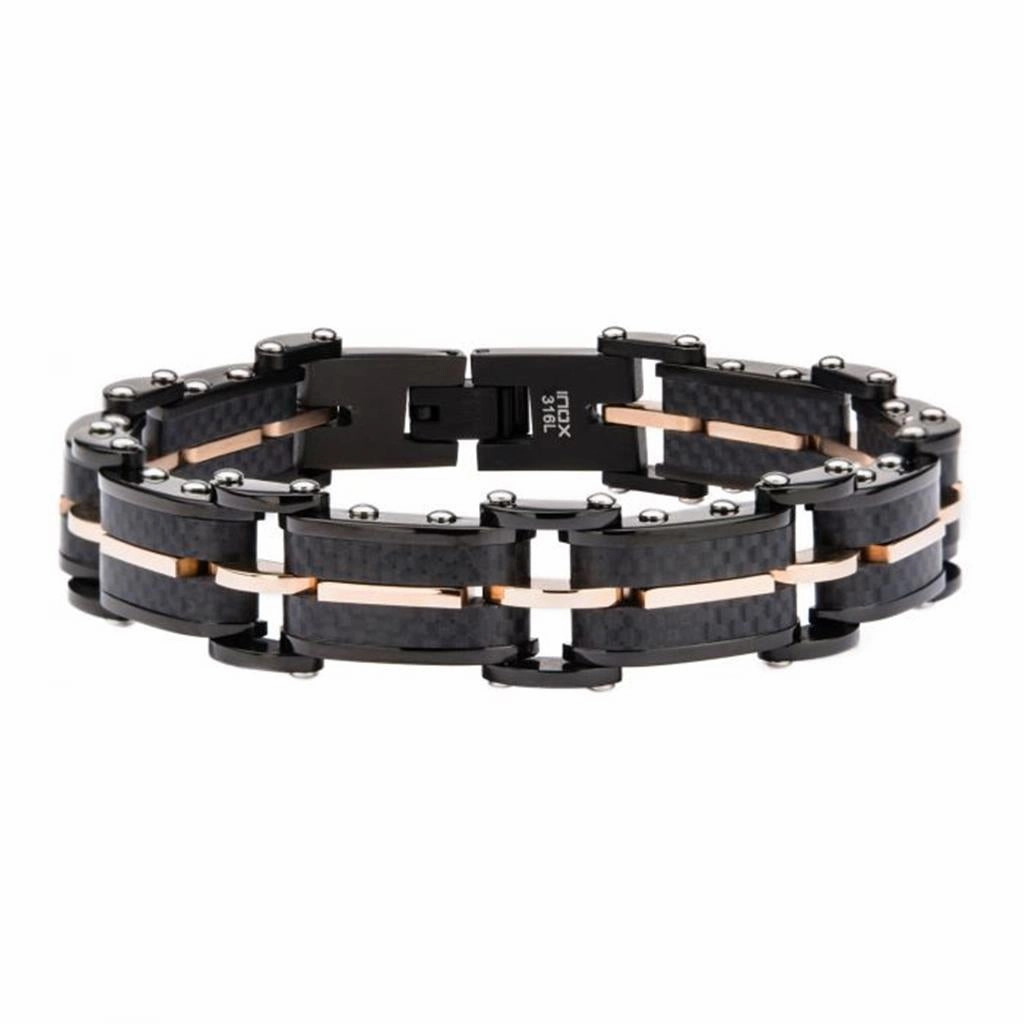 Stainless Steel Solid Carbon Graphite And Rose Gold Plated Link Bracelet