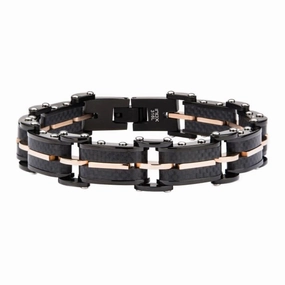 Stainless Steel Solid Carbon Graphite And Rose Gold Plated Link Bracelet