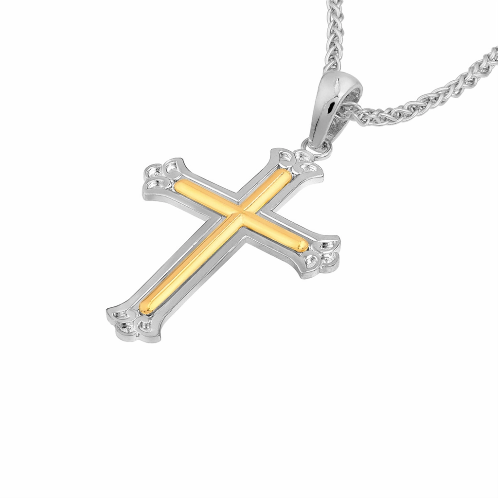 Sterling Silver And 14K Yellow Gold Fleur De Lis Cross Pendant