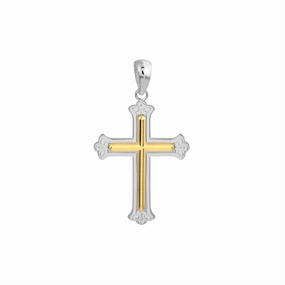 Sterling Silver And 14K Yellow Gold Fleur De Lis Cross Pendant