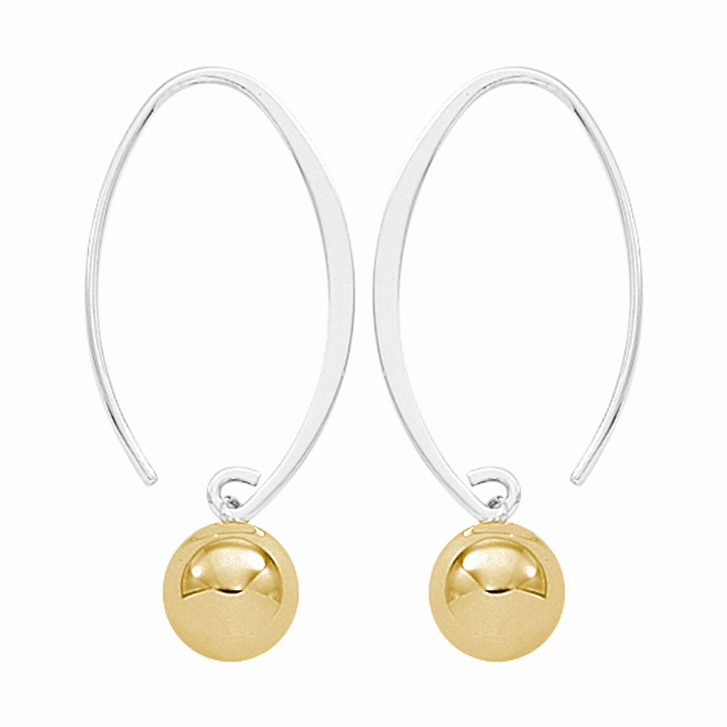 Sterling Silver And 14K Yellow Gold Plated Sweep Earrings With Ball Dangles