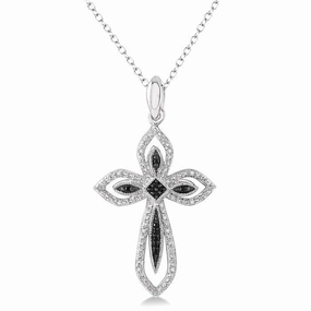 Sterling Silver Black Diamonds Cross Pendant Necklace