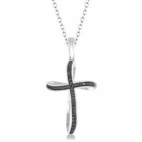 Sterling Silver Black Diamonds Cross Pendant Necklace
