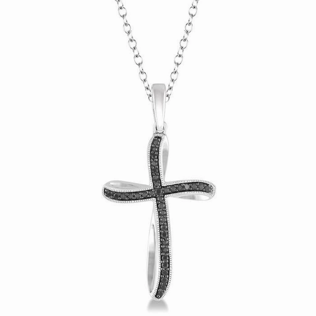 Sterling Silver Black Diamonds Cross Pendant Necklace