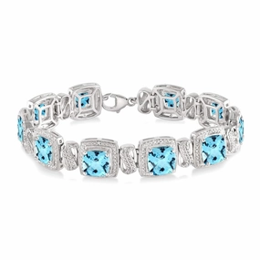 Sterling Silver Blue Topaz And Diamond Fancy Link Bracelet
