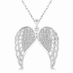 Sterling Silver Diamond Angel Wing Pendant Necklace