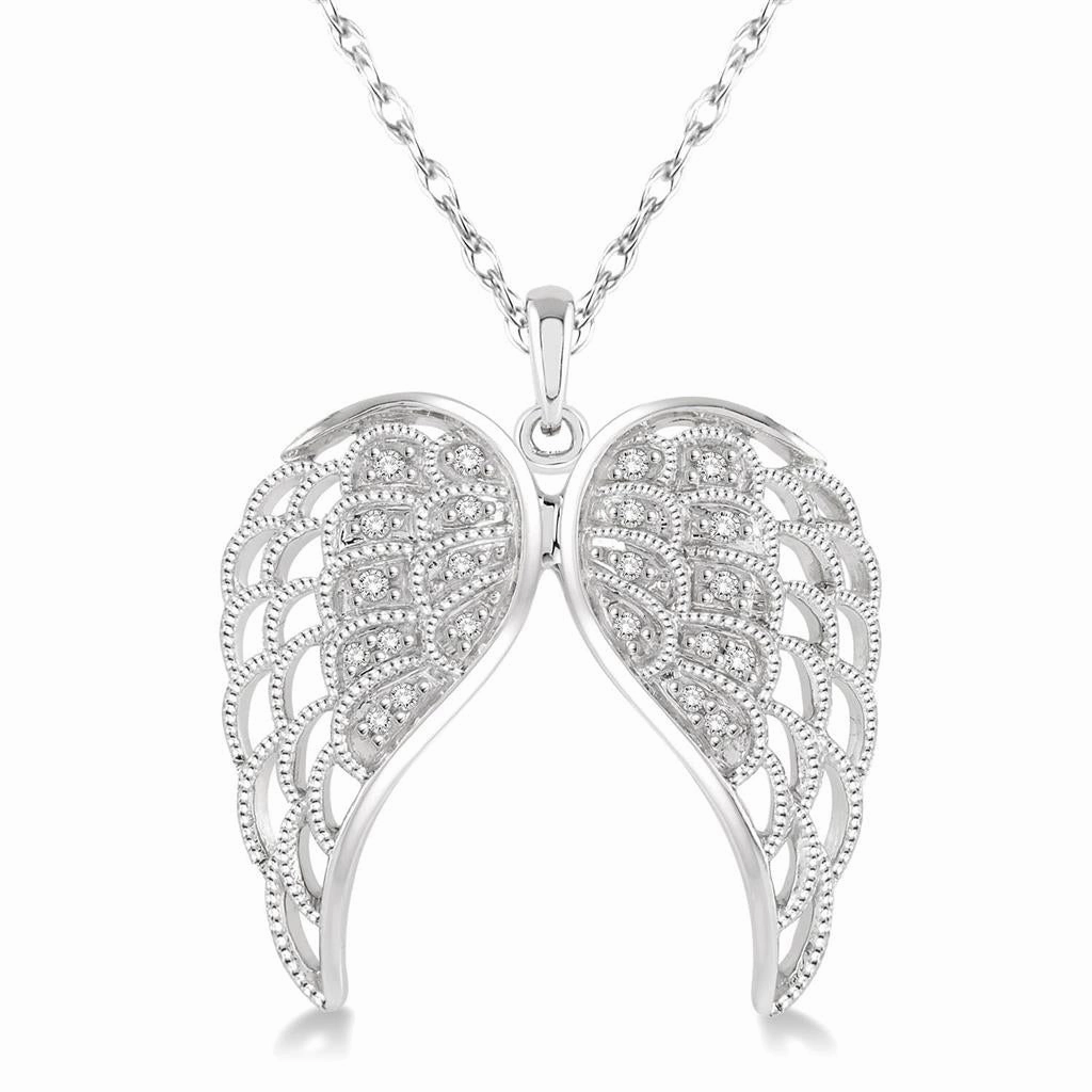 Sterling Silver Diamond Angel Wing Pendant Necklace