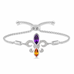 Sterling Silver Fleur De Lis Gemstone And Diamond Lariat Bracelet