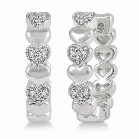 Sterling Silver Heart Shape Diamond Hoop Earrings
