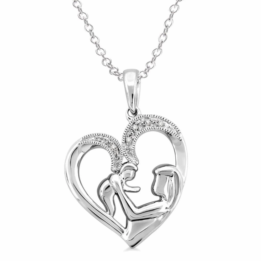 Sterling Silver Heart Shape Mom & Child Diamond Pendant Necklace