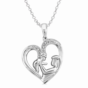 Sterling Silver Heart Shape Mom & Child Diamond Pendant Necklace