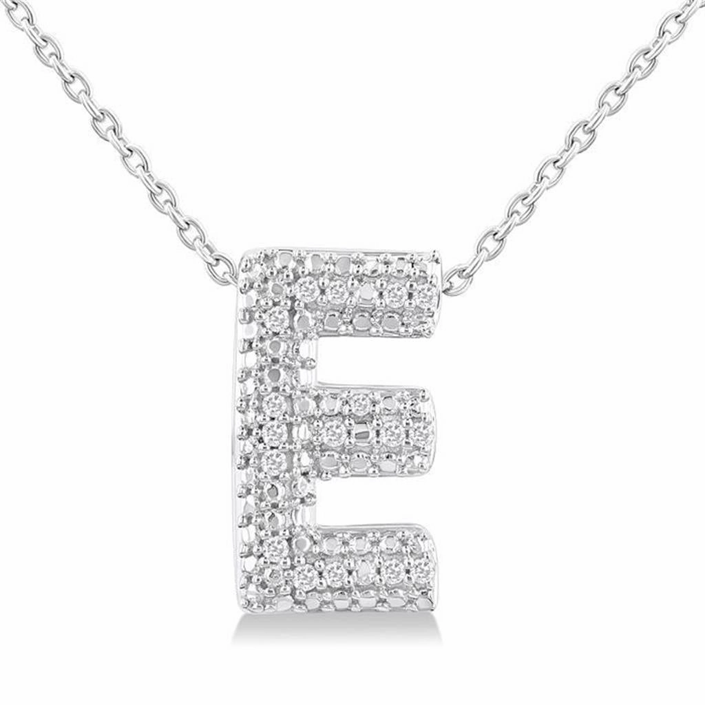Sterling Silver Initial E Diamond Pendant Necklace