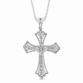 Sterling Silver Natural Diamonds Cross Pendant Necklace