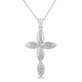 Sterling Silver Natural Diamonds Cross Pendant Necklace