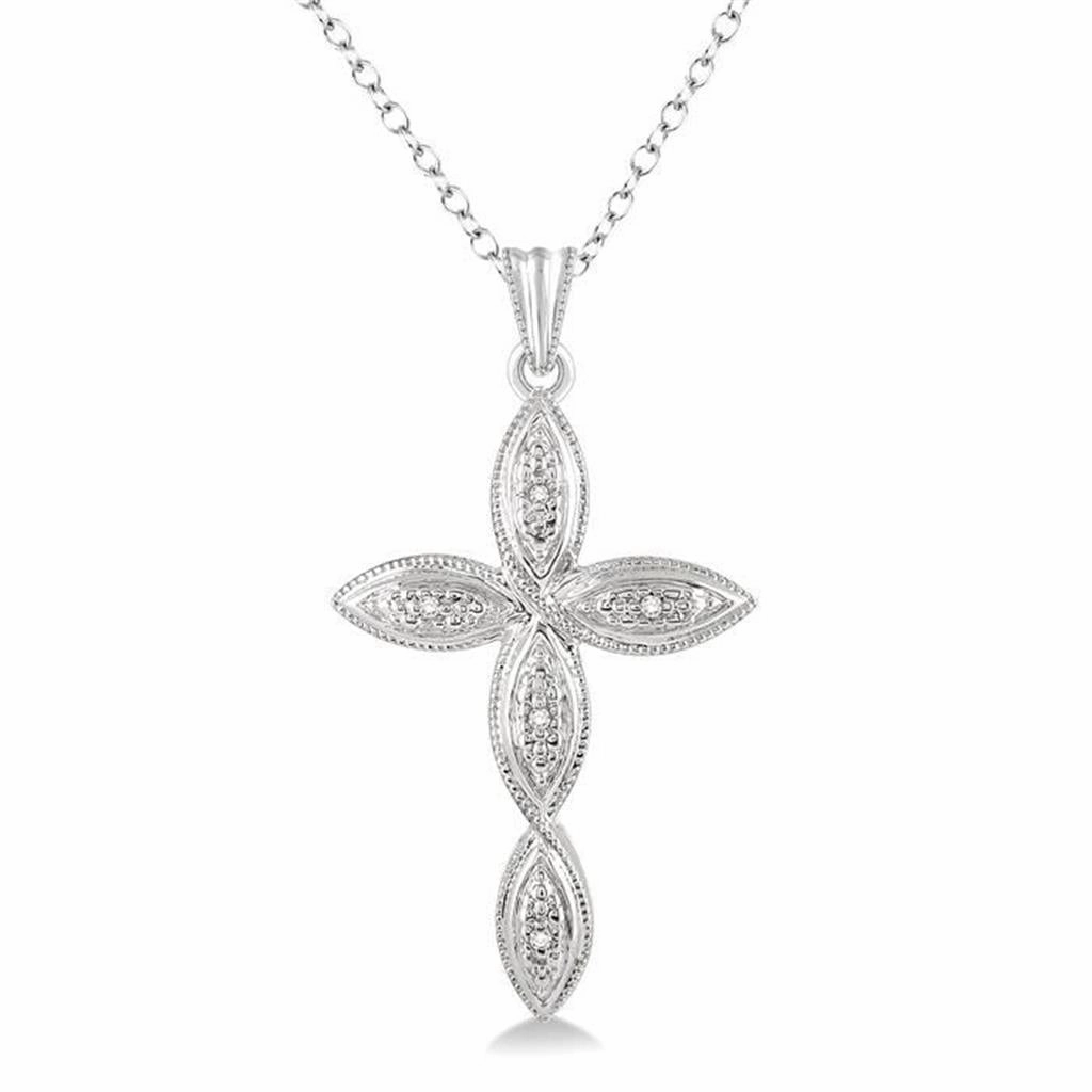 Sterling Silver Natural Diamonds Cross Pendant Necklace