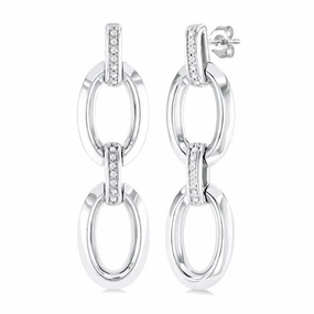 Sterling Silver Open Link Diamond Dangle Earrings