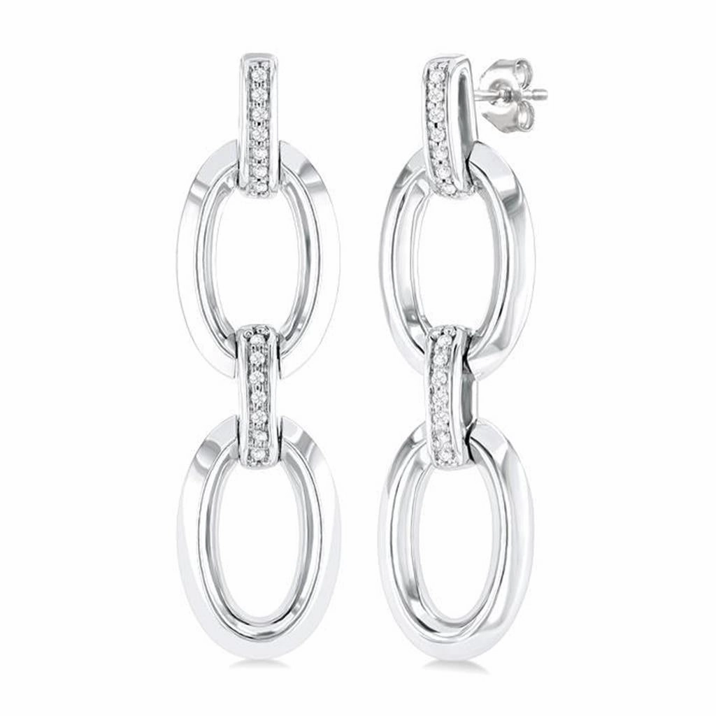 Sterling Silver Open Link Diamond Dangle Earrings
