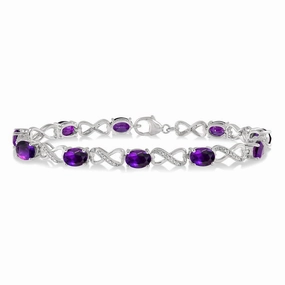 Sterling Silver Oval Shape Amethyst And Diamond Bracelet