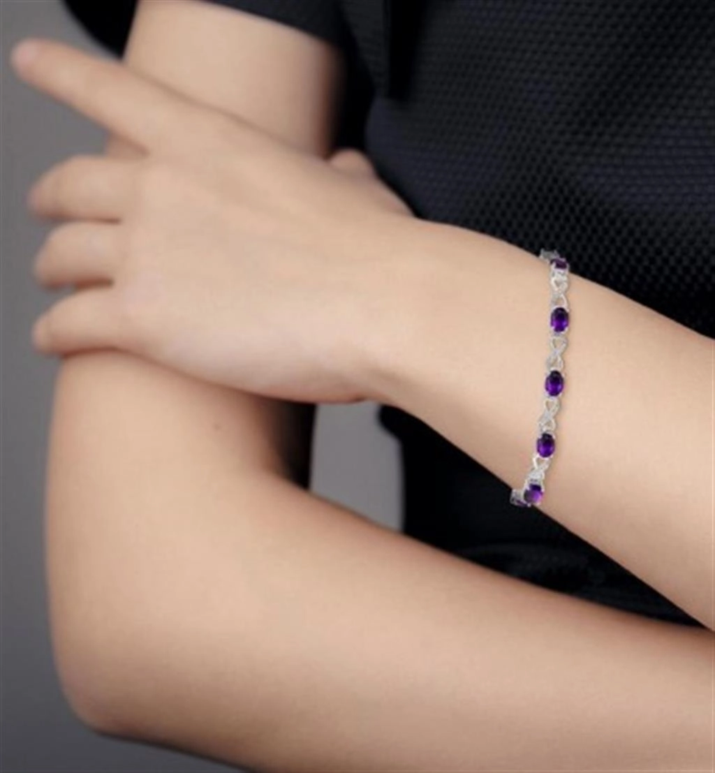 Sterling Silver Oval Shape Amethyst And Diamond Bracelet