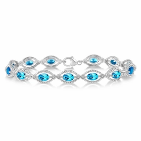 Sterling Silver Oval Shape Blue Topaz And Diamond Fancy Link Bracelet