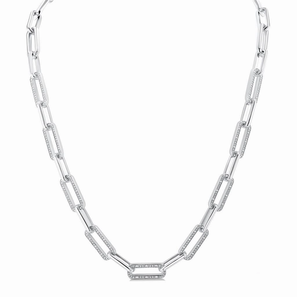Sterling Silver Paperclip Diamonds Necklace