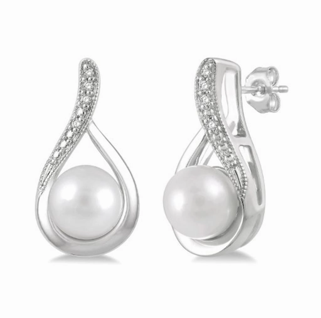 Sterling Silver Pearl Drop Earrings With Diamonds
