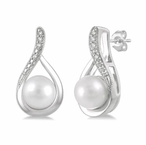 Sterling Silver Pearl Drop Earrings With Diamonds